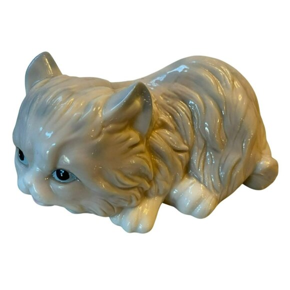 Vintage Syroco Porcelain Persian Cat Figurine Gray & Blue Glaze - Picture 1 of 5